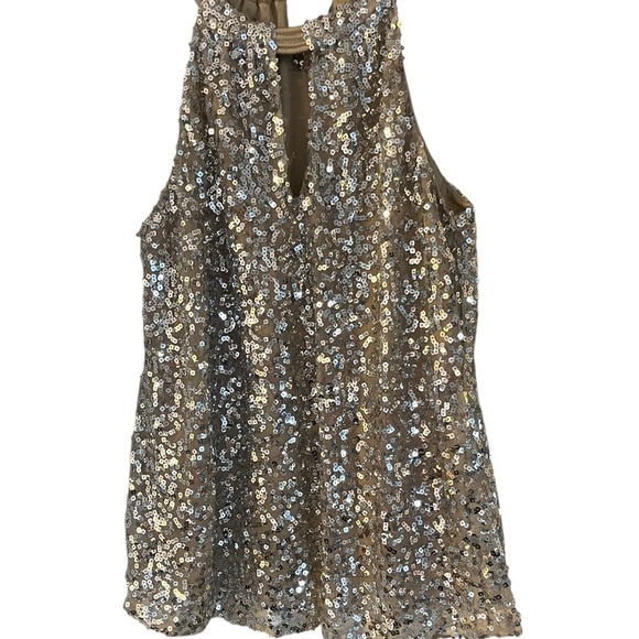 Tahari Nude Mesh w/ Silver Sequins Embellished Halter Top Sz M - Picture 1 of 7